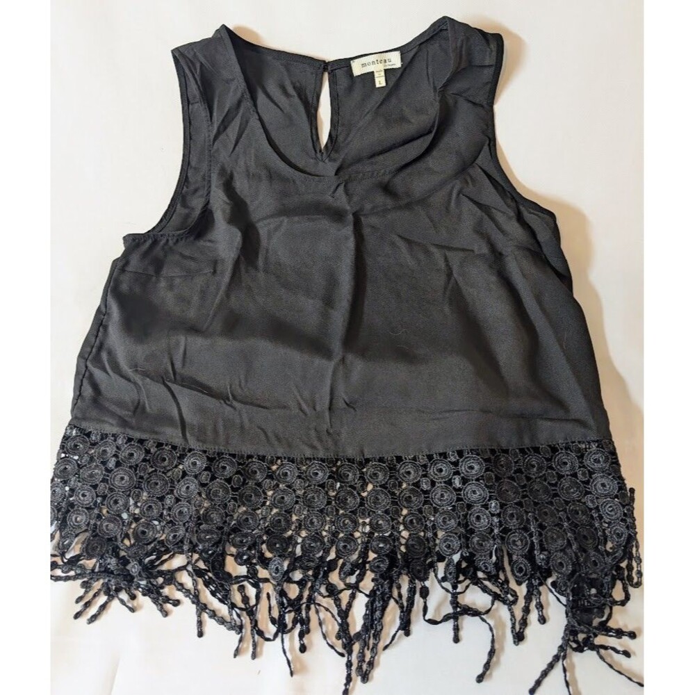 Monteau Black Sleeveless Top Lace Hem Fringe Boho Festival Chic Womens Large